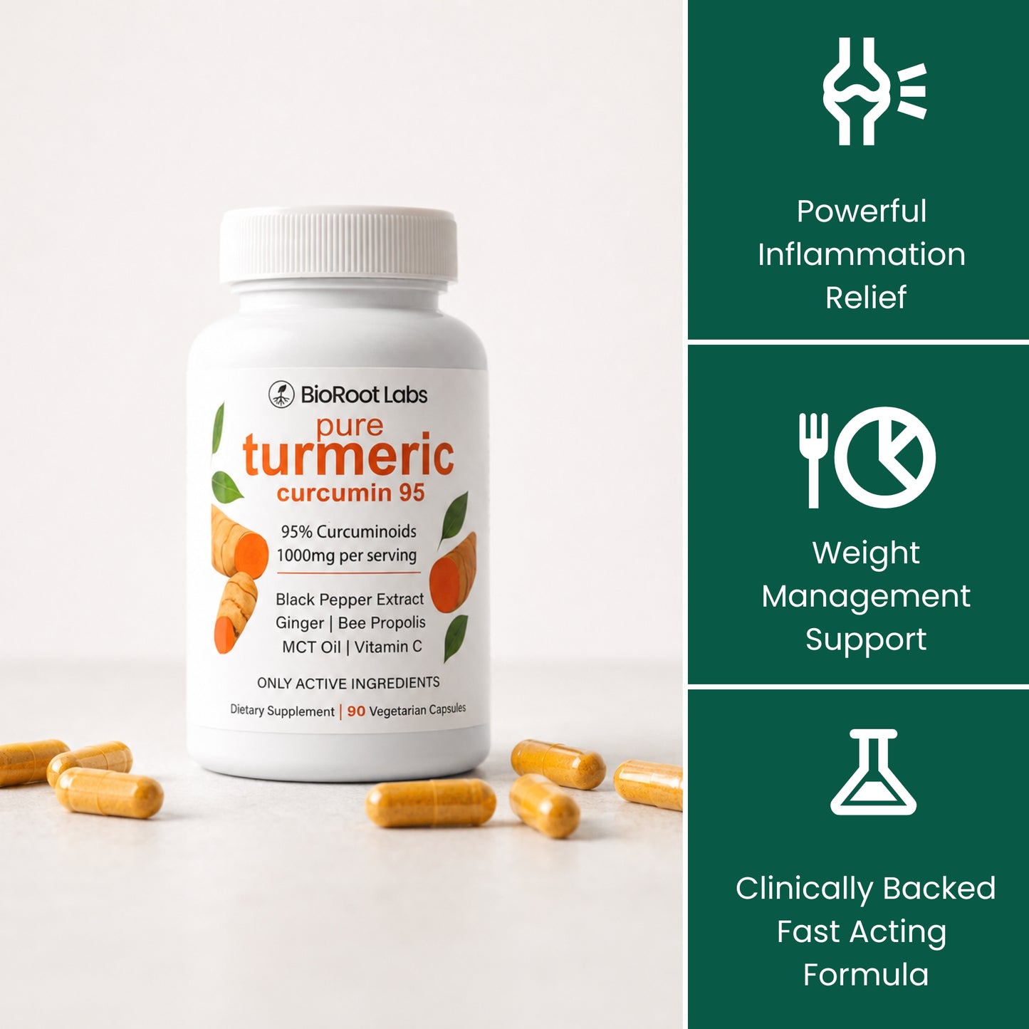 Turmeric Curcumin Capsules - 1000mg - For Weight Management And De-Bloating