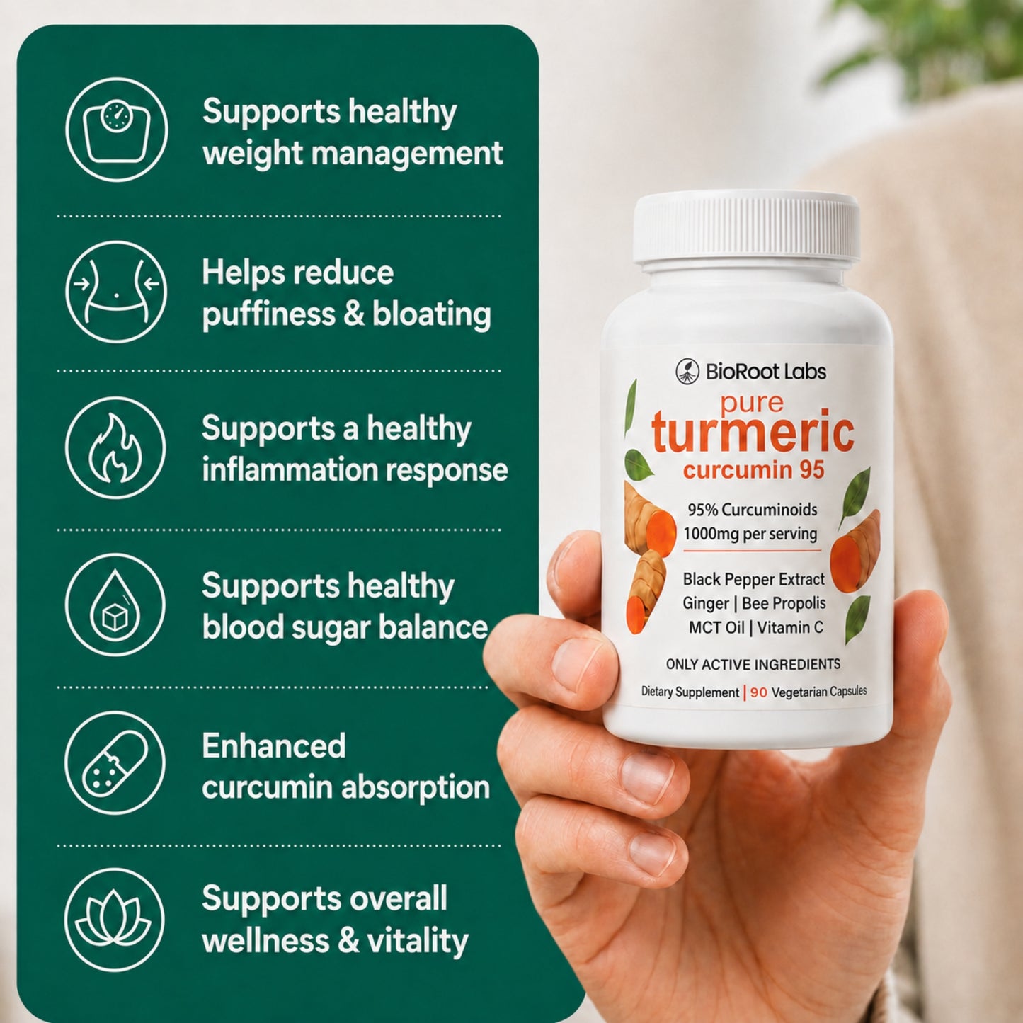 Turmeric Curcumin Capsules - 1000mg - For Weight Management And De-Bloating